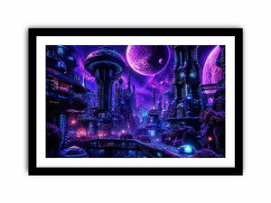 Futuristic neon cityscape wall art with glowing buildings and cosmic sky in purple and blue tones for modern interiors