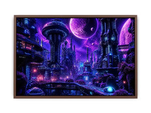 Futuristic neon cityscape wall art with glowing buildings and cosmic sky in purple and blue tones for modern interiors
