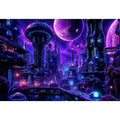 Futuristic neon cityscape wall art with glowing buildings and cosmic sky in purple and blue tones for modern interiors