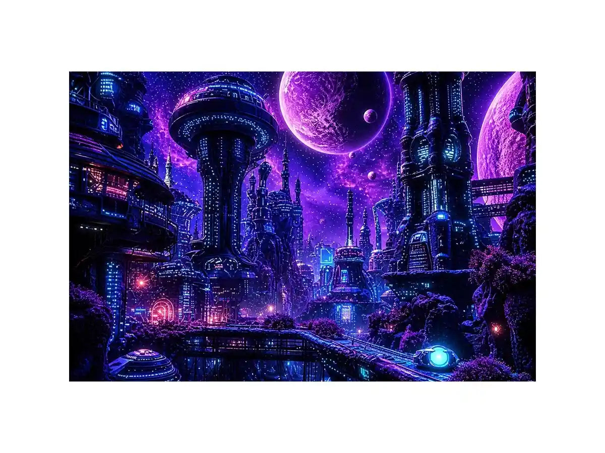 Futuristic neon cityscape wall art with glowing buildings and cosmic sky in purple and blue tones for modern interiors