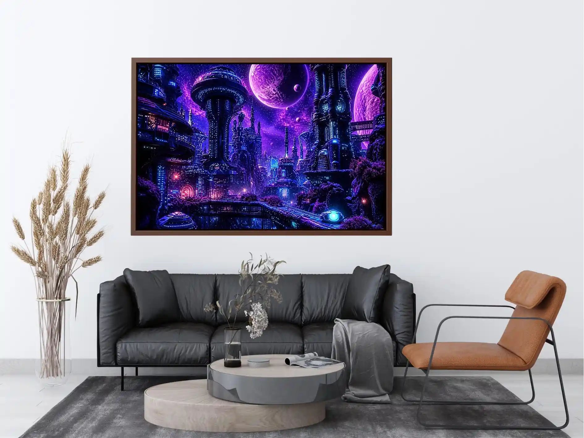 Futuristic neon cityscape wall art with glowing buildings and cosmic sky in purple and blue tones for modern interiors