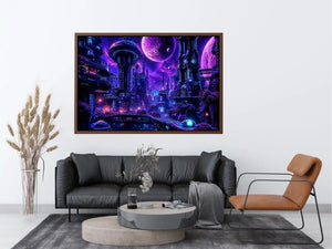 Futuristic neon cityscape wall art with glowing buildings and cosmic sky in purple and blue tones for modern interiors