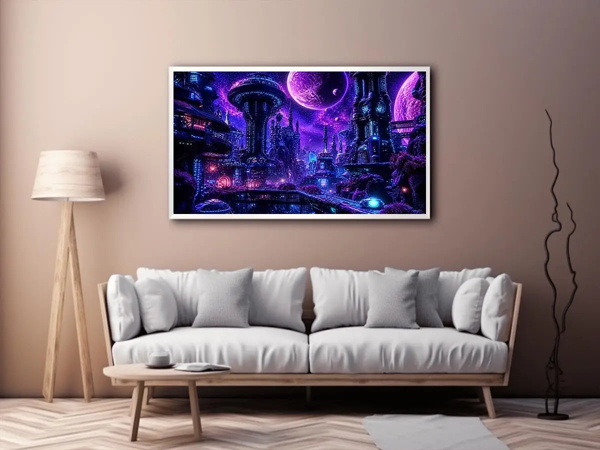 Futuristic neon cityscape wall art with glowing buildings and cosmic sky in purple and blue tones for modern interiors