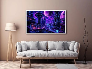 Futuristic neon cityscape wall art with glowing buildings and cosmic sky in purple and blue tones for modern interiors