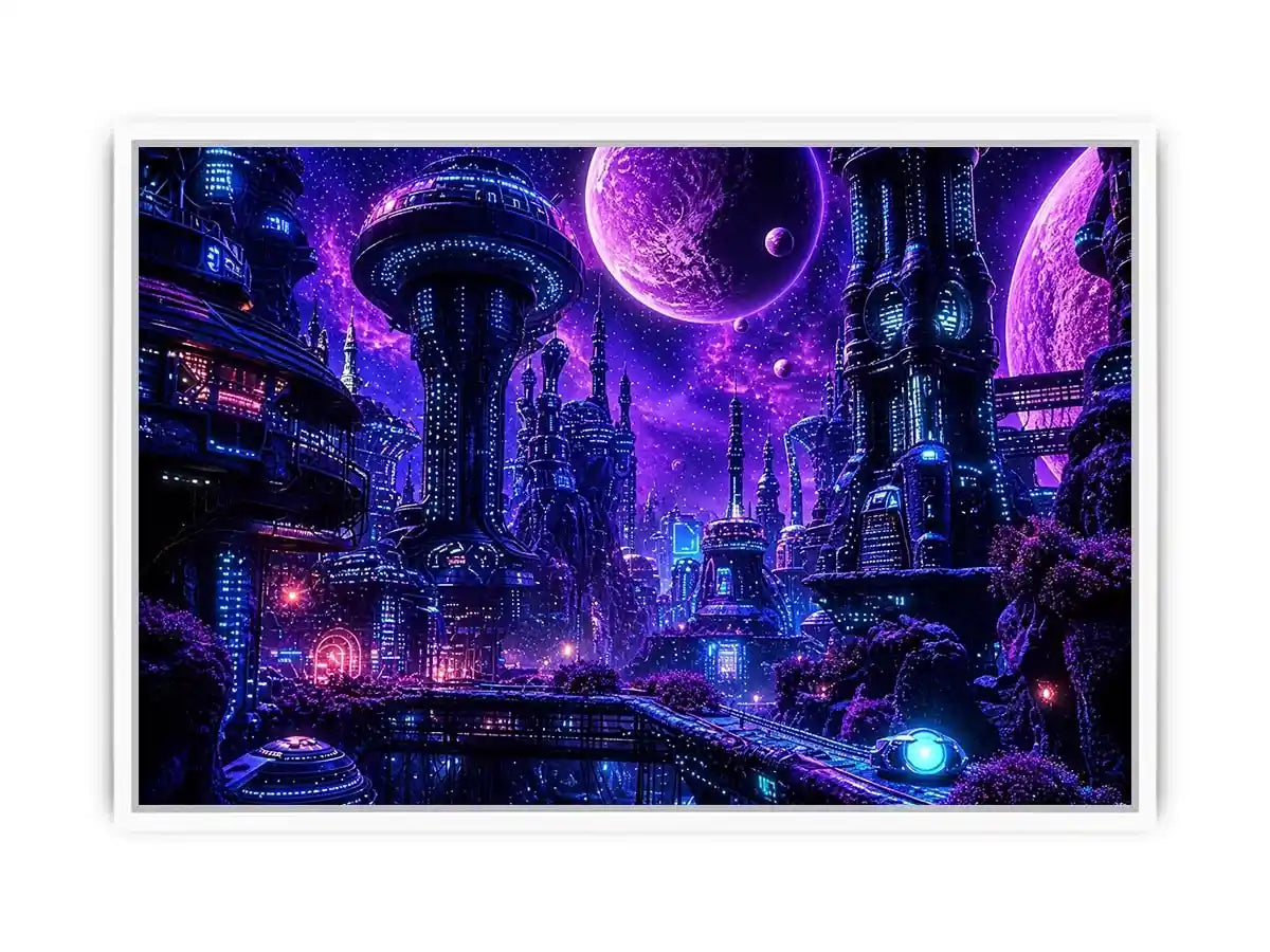 Futuristic neon cityscape wall art with glowing buildings and cosmic sky in purple and blue tones for modern interiors
