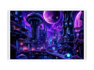 Futuristic neon cityscape wall art with glowing buildings and cosmic sky in purple and blue tones for modern interiors