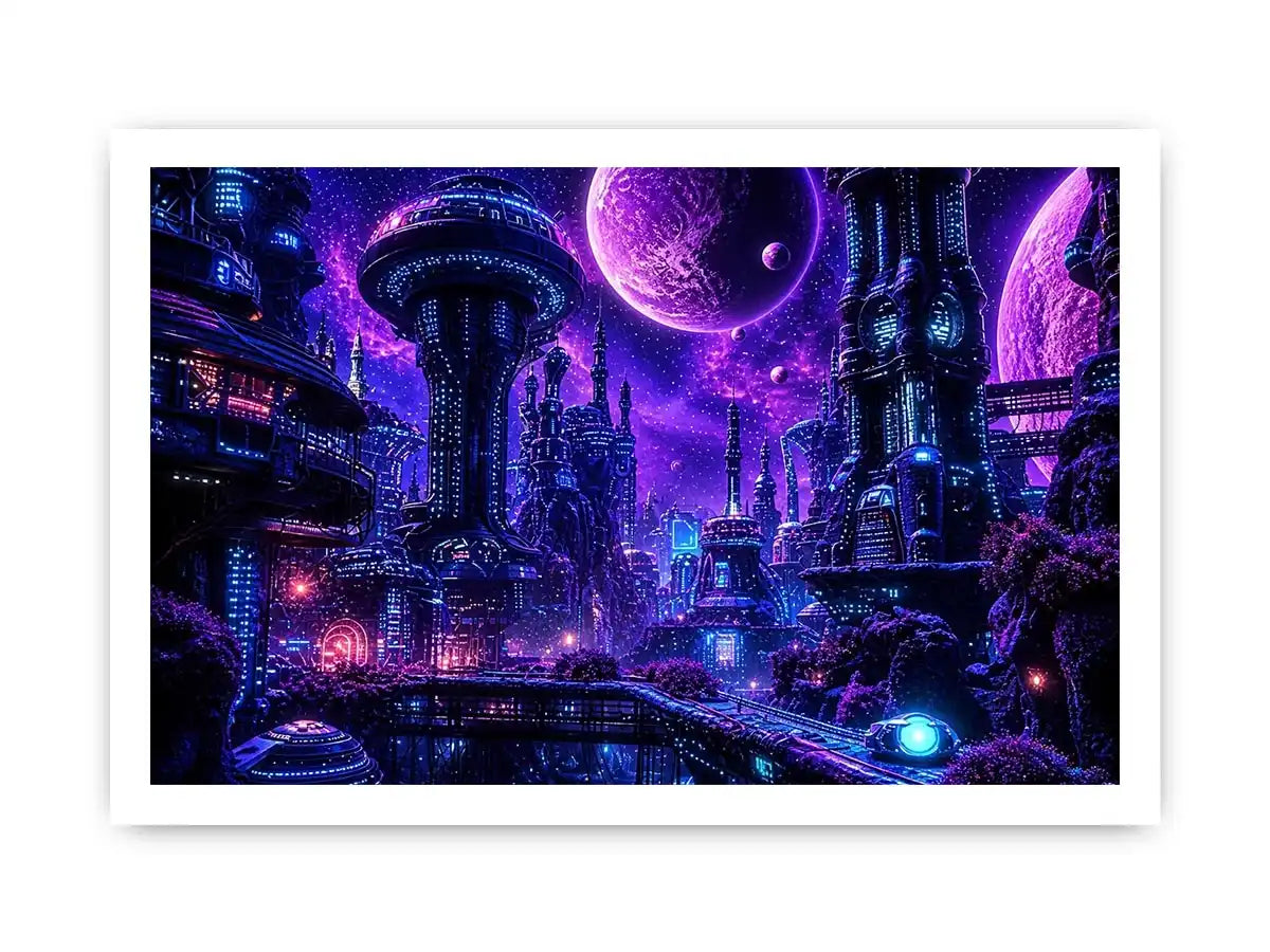 Futuristic neon cityscape wall art with glowing buildings and cosmic sky in purple and blue tones for modern interiors