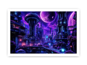 Futuristic neon cityscape wall art with glowing buildings and cosmic sky in purple and blue tones for modern interiors