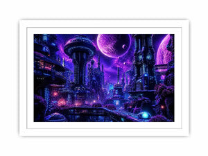 Futuristic neon cityscape wall art with glowing buildings and cosmic sky in purple and blue tones for modern interiors