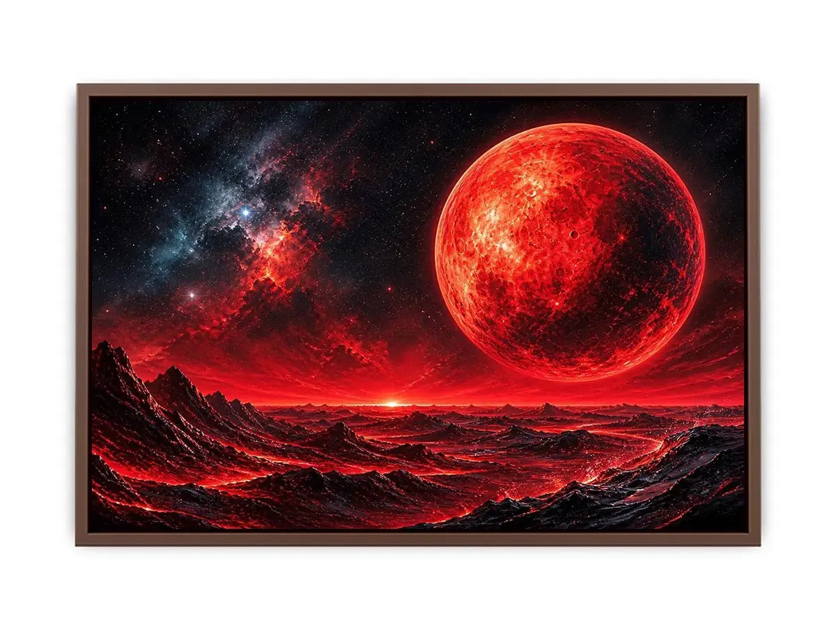 Abstract red planet landscape wall art with bold textures and dramatic cosmic tones for modern interiors