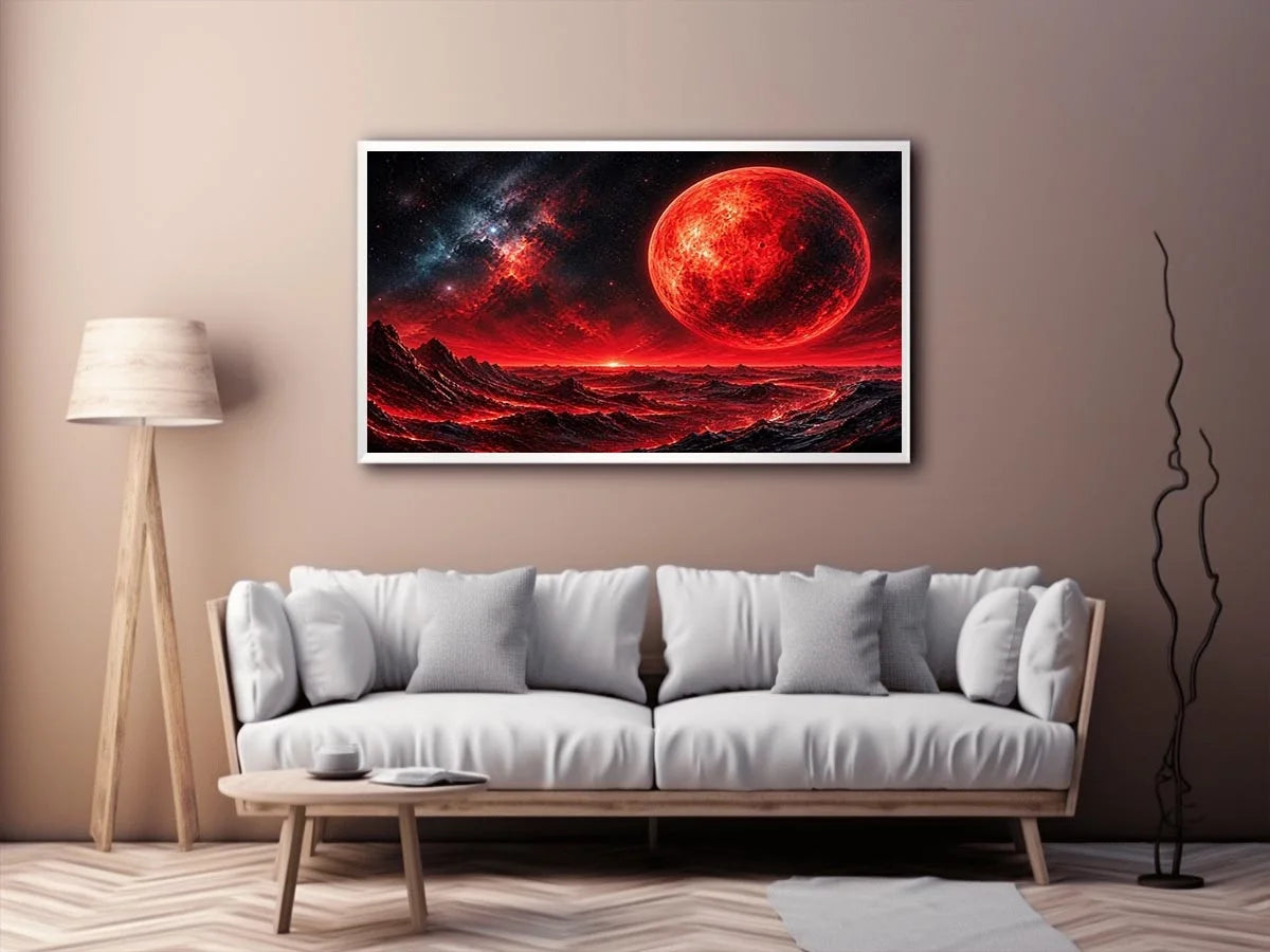 Abstract red planet landscape wall art with bold textures and dramatic cosmic tones for modern interiors