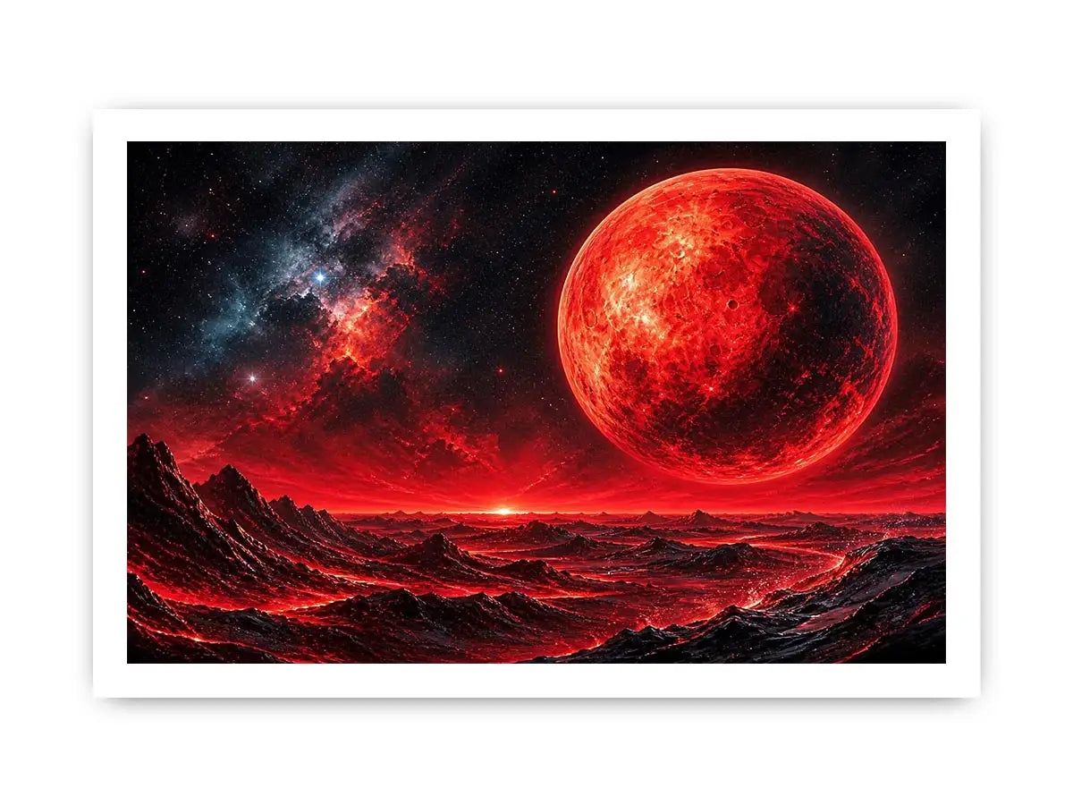 Abstract red planet landscape wall art with bold textures and dramatic cosmic tones for modern interiors