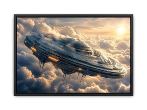 Futuristic spaceship wall art floating above clouds with soft neutral tones for modern luxury interiors