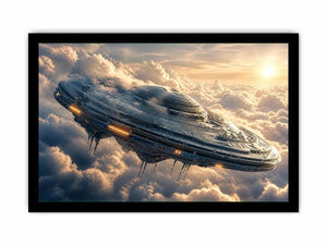 Futuristic spaceship wall art floating above clouds with soft neutral tones for modern luxury interiors