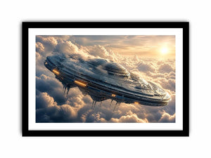 Futuristic spaceship wall art floating above clouds with soft neutral tones for modern luxury interiors