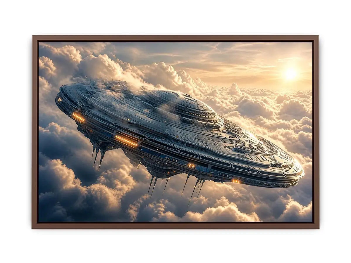 Futuristic spaceship wall art floating above clouds with soft neutral tones for modern luxury interiors