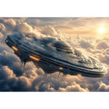 Futuristic spaceship wall art floating above clouds with soft neutral tones for modern luxury interiors
