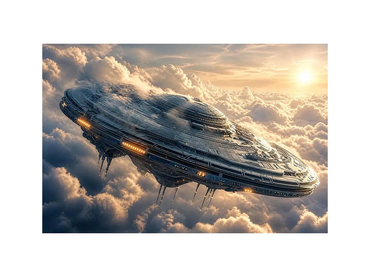 Futuristic spaceship wall art floating above clouds with soft neutral tones for modern luxury interiors