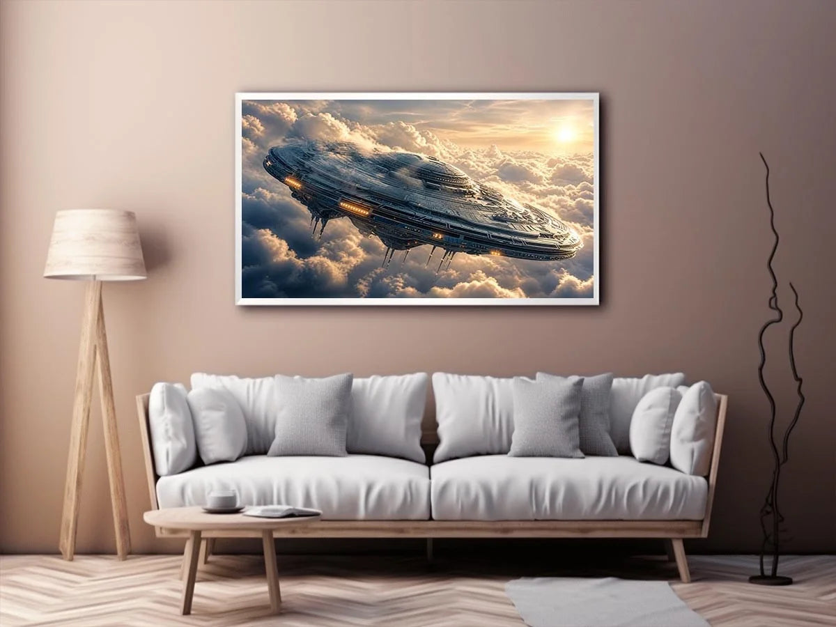 Futuristic spaceship wall art floating above clouds with soft neutral tones for modern luxury interiors