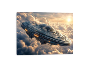 Futuristic spaceship wall art floating above clouds with soft neutral tones for modern luxury interiors