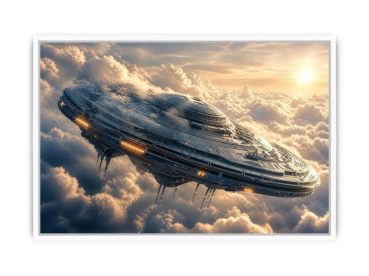 Futuristic spaceship wall art floating above clouds with soft neutral tones for modern luxury interiors