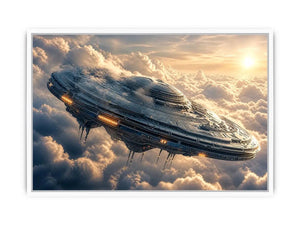 Futuristic spaceship wall art floating above clouds with soft neutral tones for modern luxury interiors