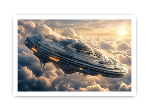 Futuristic spaceship wall art floating above clouds with soft neutral tones for modern luxury interiors