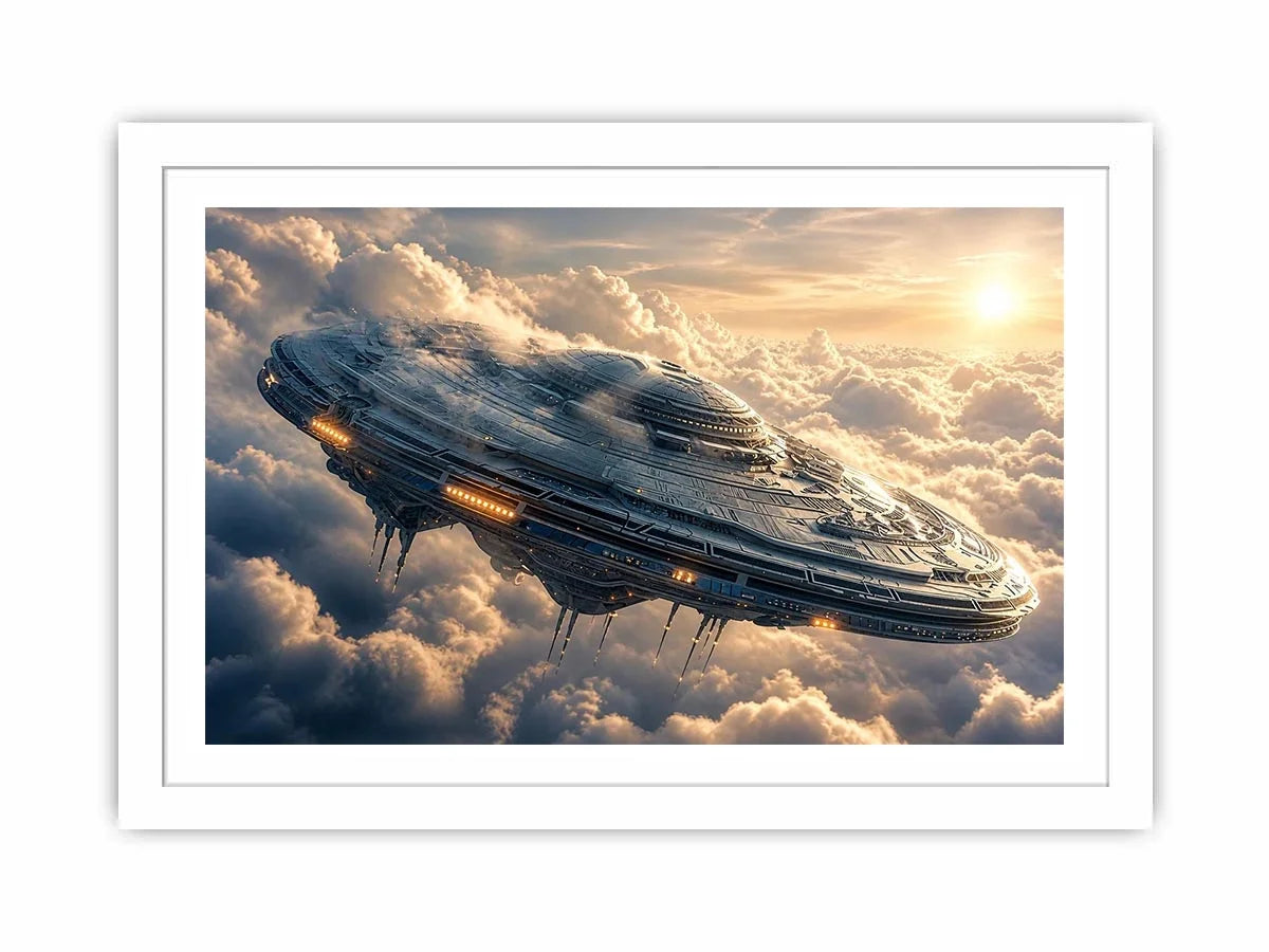 Futuristic spaceship wall art floating above clouds with soft neutral tones for modern luxury interiors