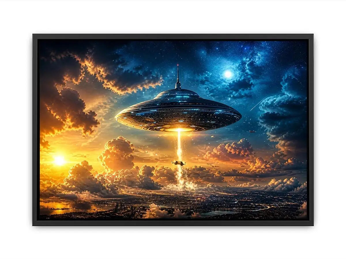 UFO spaceship wall art with glowing beam and cinematic sky in blue and orange tones for modern interiors