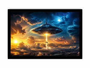 UFO spaceship wall art with glowing beam and cinematic sky in blue and orange tones for modern interiors