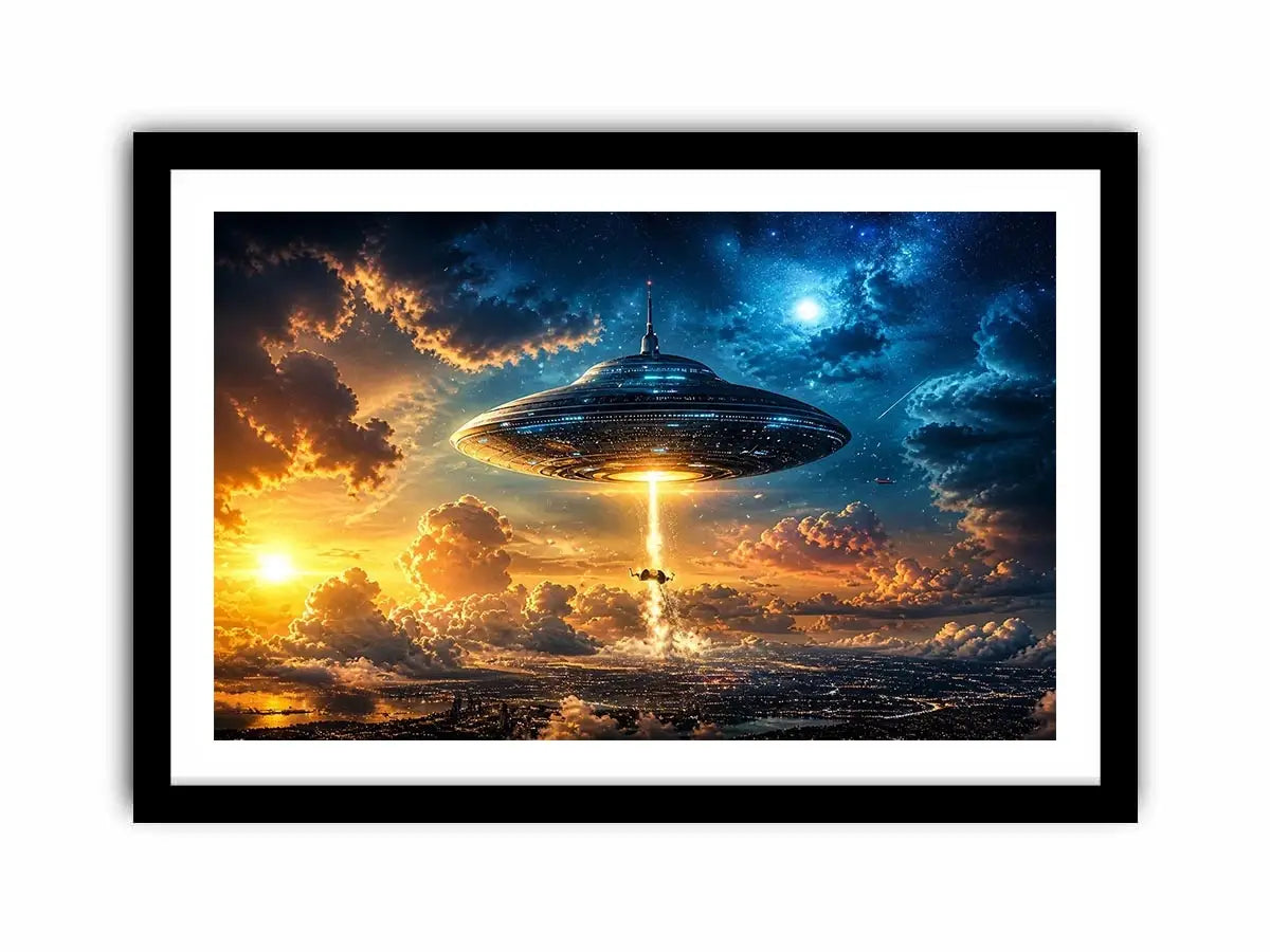 UFO spaceship wall art with glowing beam and cinematic sky in blue and orange tones for modern interiors