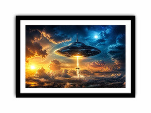 UFO spaceship wall art with glowing beam and cinematic sky in blue and orange tones for modern interiors