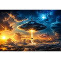 UFO spaceship wall art with glowing beam and cinematic sky in blue and orange tones for modern interiors
