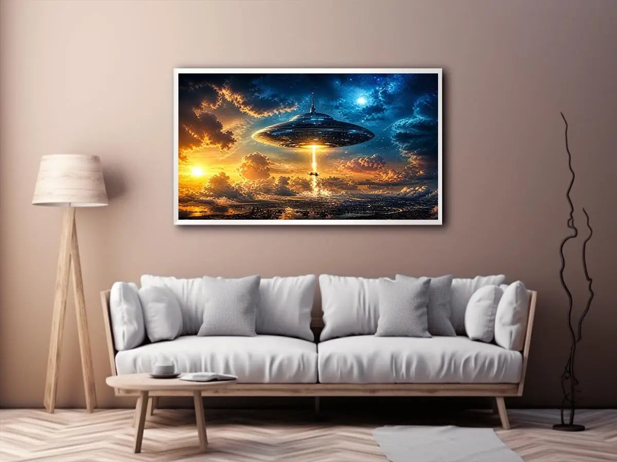 UFO spaceship wall art with glowing beam and cinematic sky in blue and orange tones for modern interiors