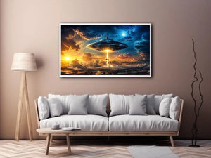 UFO spaceship wall art with glowing beam and cinematic sky in blue and orange tones for modern interiors