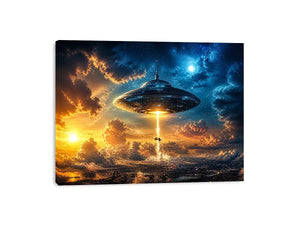 UFO spaceship wall art with glowing beam and cinematic sky in blue and orange tones for modern interiors