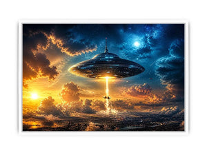 UFO spaceship wall art with glowing beam and cinematic sky in blue and orange tones for modern interiors