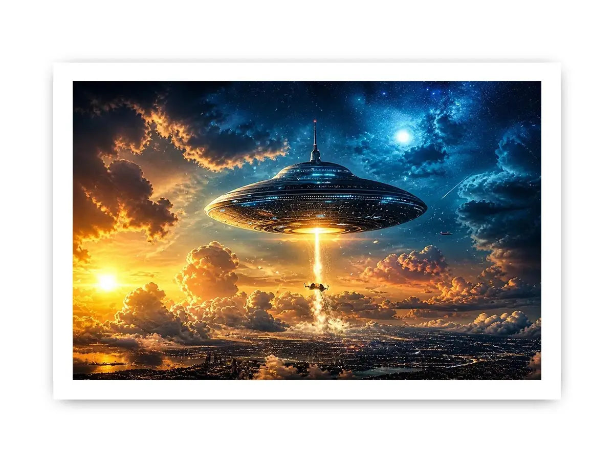 UFO spaceship wall art with glowing beam and cinematic sky in blue and orange tones for modern interiors
