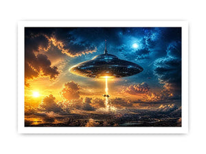 UFO spaceship wall art with glowing beam and cinematic sky in blue and orange tones for modern interiors