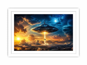 UFO spaceship wall art with glowing beam and cinematic sky in blue and orange tones for modern interiors