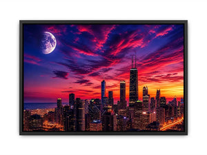 Chicago skyline wall art canvas sunset moon cityscape modern photography purple pink sky urban decor