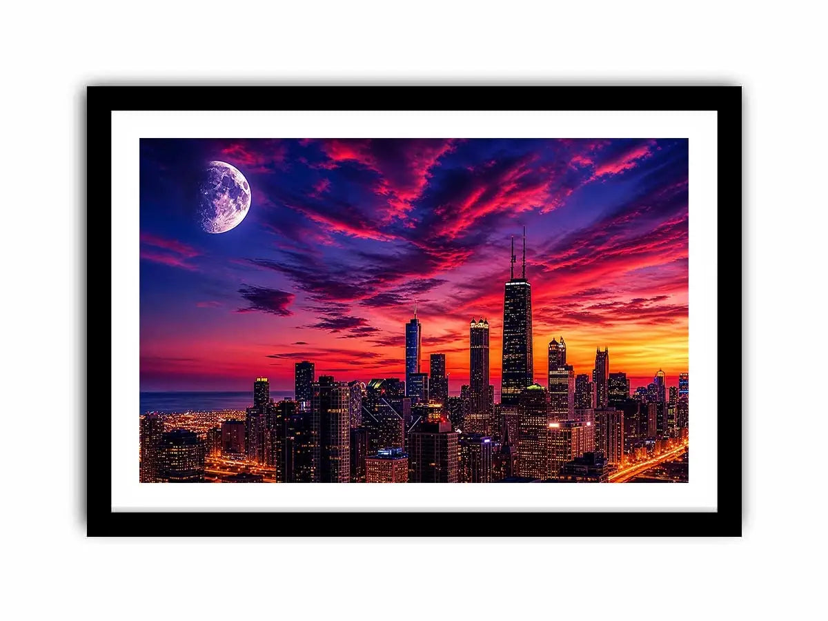 Chicago skyline wall art canvas sunset moon cityscape modern photography purple pink sky urban decor