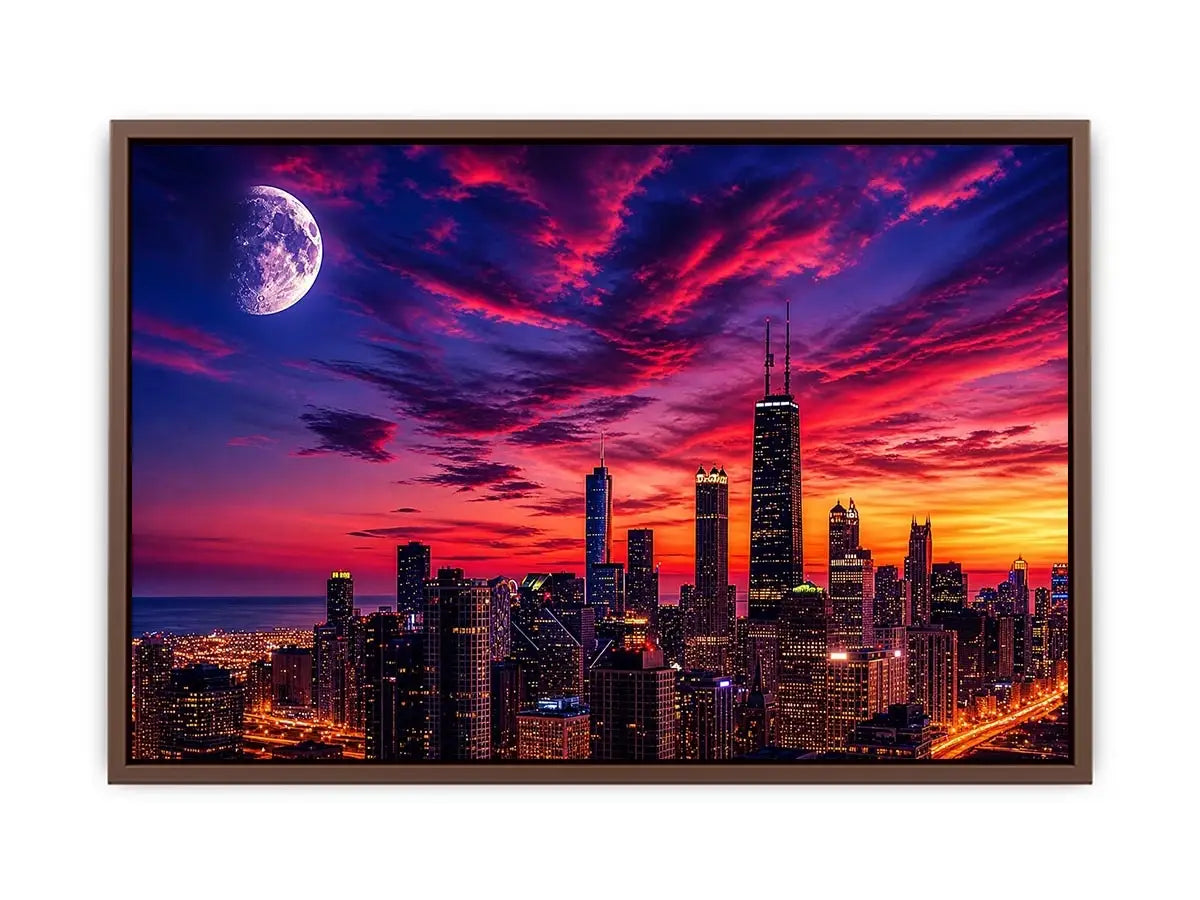 Chicago skyline wall art canvas sunset moon cityscape modern photography purple pink sky urban decor