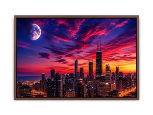 Chicago skyline wall art canvas sunset moon cityscape modern photography purple pink sky urban decor