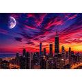 Chicago skyline wall art canvas sunset moon cityscape modern photography purple pink sky urban decor