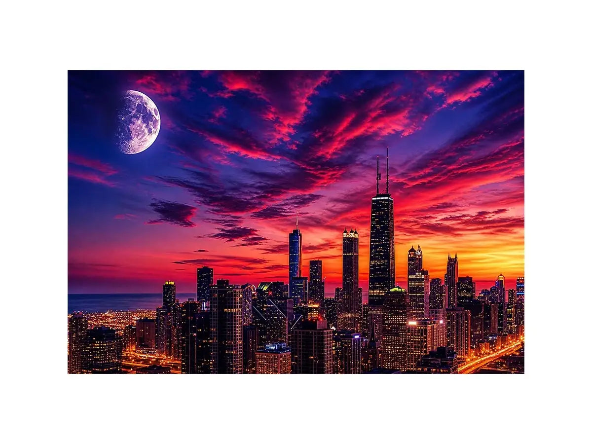 Chicago skyline wall art canvas sunset moon cityscape modern photography purple pink sky urban decor