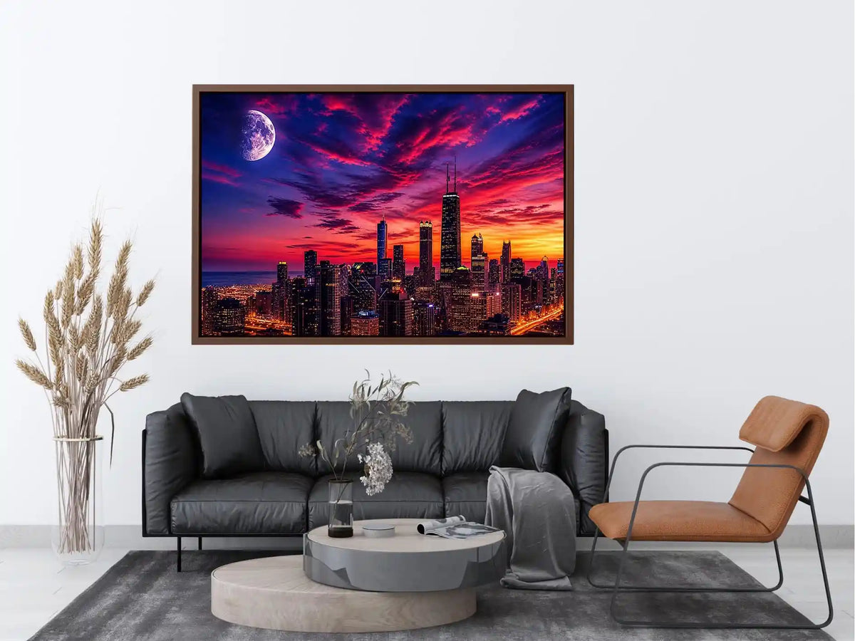 Chicago skyline wall art canvas sunset moon cityscape modern photography purple pink sky urban decor