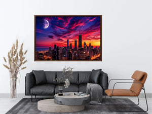 Chicago skyline wall art canvas sunset moon cityscape modern photography purple pink sky urban decor