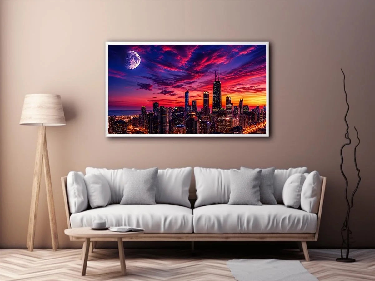 Chicago skyline wall art canvas sunset moon cityscape modern photography purple pink sky urban decor