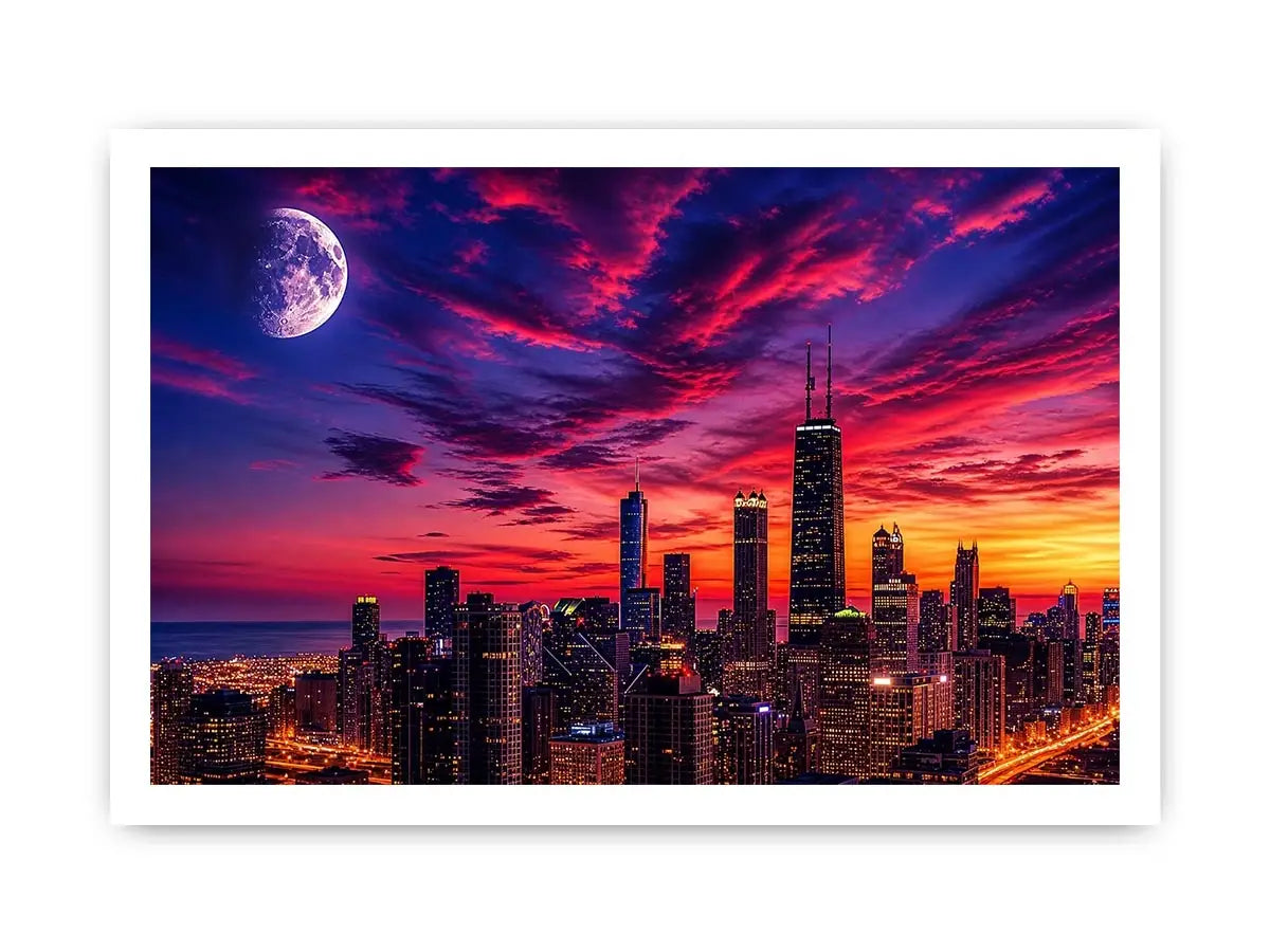 Chicago skyline wall art canvas sunset moon cityscape modern photography purple pink sky urban decor